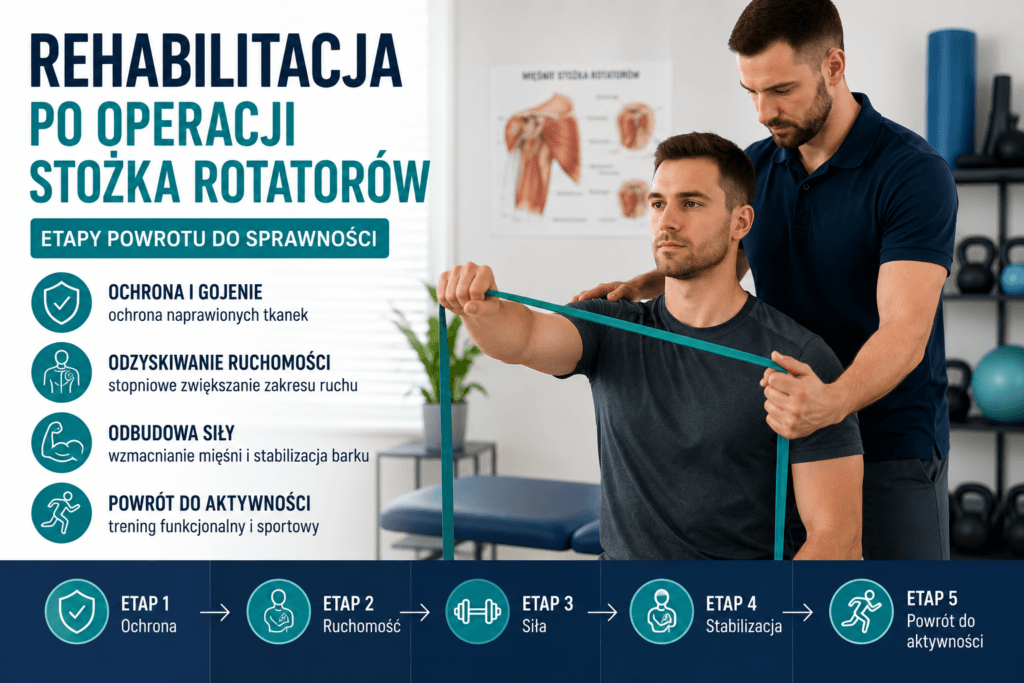 Rehabilitacja po operacji stożka rotatorów – ćwiczenia, terapia i powrót do sprawności barku.