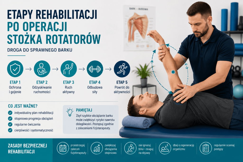 Rehabilitacja po operacji stożka rotatorów – ćwiczenia, terapia i powrót do sprawności barku.