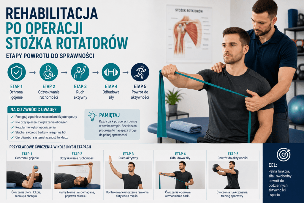 Rehabilitacja po operacji stożka rotatorów – ćwiczenia, terapia i powrót do sprawności barku.