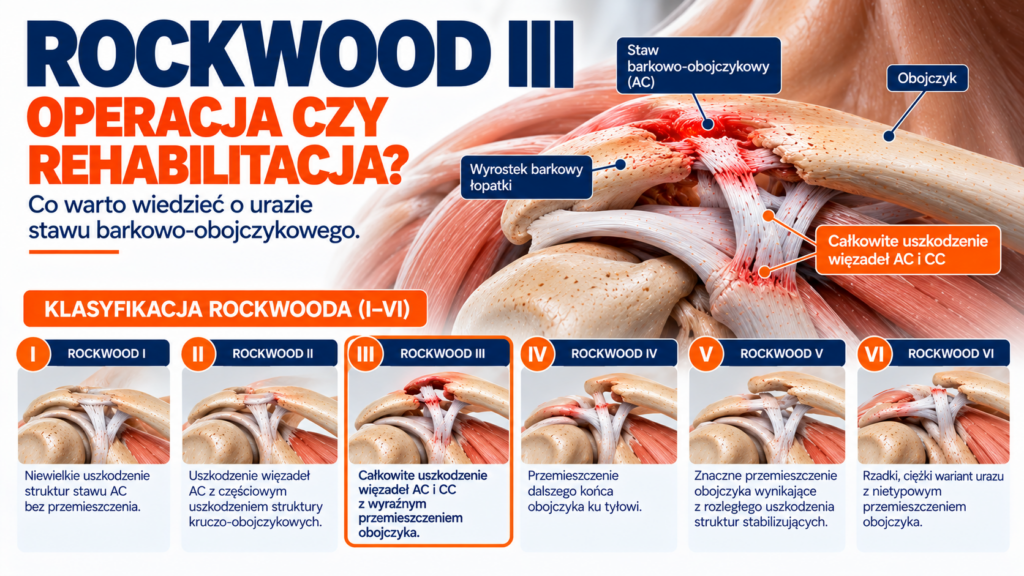 Rockwood III – objawy urazu stawu barkowo-obojczykowego i charakterystyczne przemieszczenie obojczyka