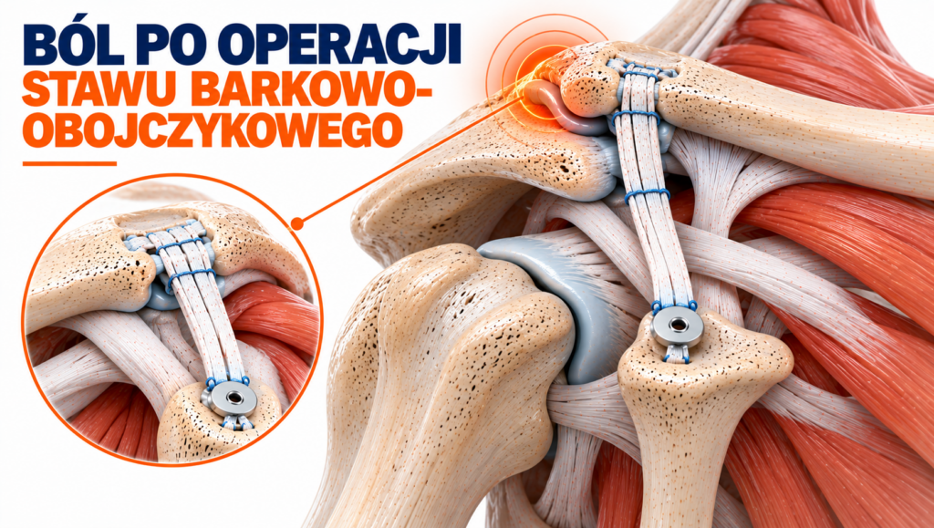 Trójwymiarowa ilustracja stawu barkowo-obojczykowego po rekonstrukcji więzadeł, przedstawiająca obojczyk, wyrostek kruczy, przeszczep i elementy mocujące oraz zaznaczoną okolicę bólu.