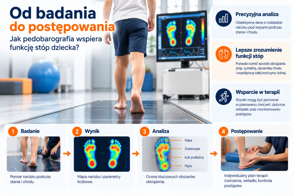 Mapa nacisku stóp i przykładowe parametry wyniku pedobarografii