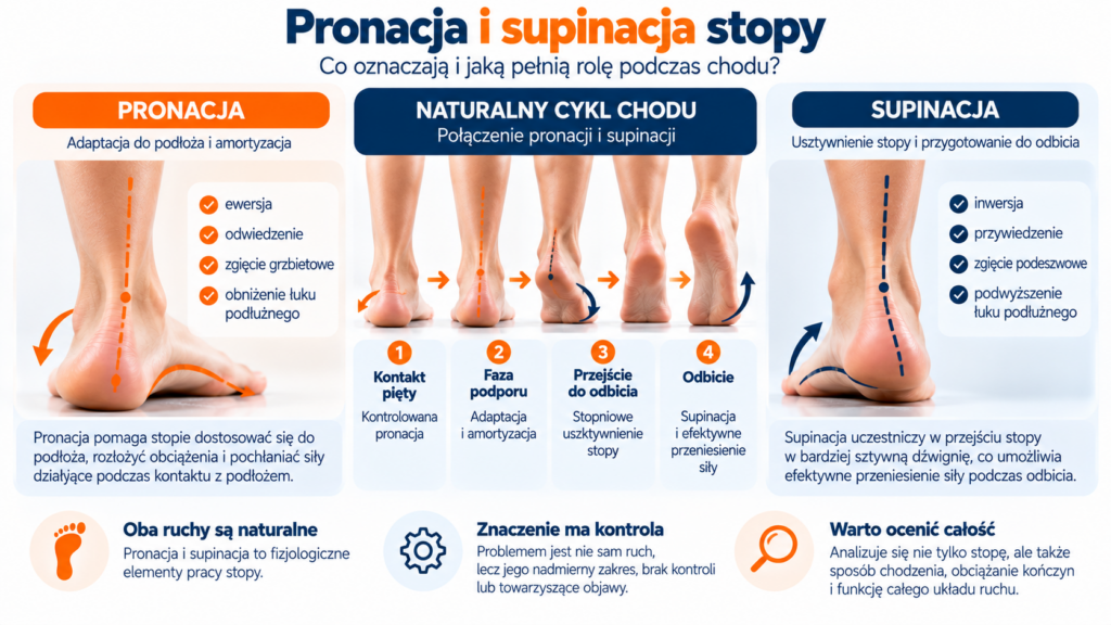 Infografika przedstawiająca pronację i supinację stopy, ich rolę w adaptacji do podłoża, amortyzacji oraz przygotowaniu stopy do odbicia podczas chodu.