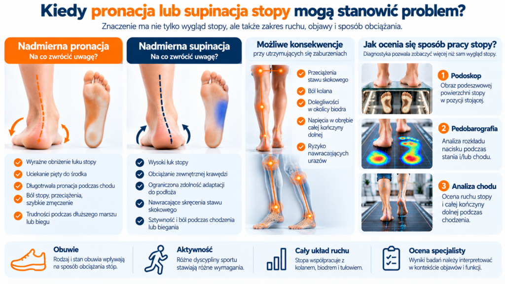 Pronacja i supinacja stopy – możliwe objawy nadmiernej pronacji i supinacji, ich wpływ na obciążenie kończyn dolnych oraz diagnostyka z wykorzystaniem podoskopu, pedobarografii i analizy chodu.