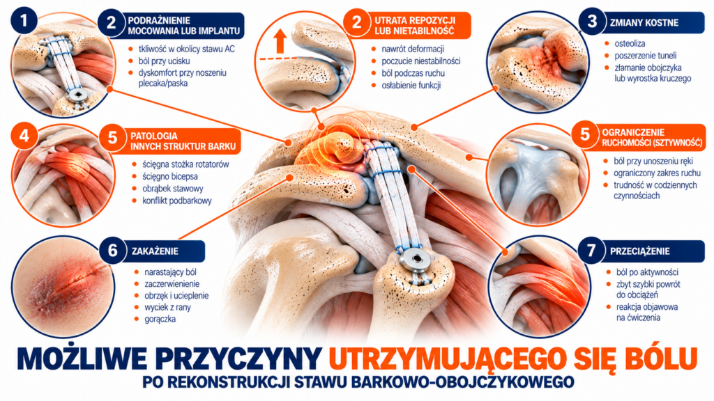 Edukacyjna ilustracja stawu barkowo-obojczykowego pokazująca możliwe źródła bólu po operacji, w tym okolice mocowania, tkanki miękkie i zaburzenia ustawienia obojczyka.