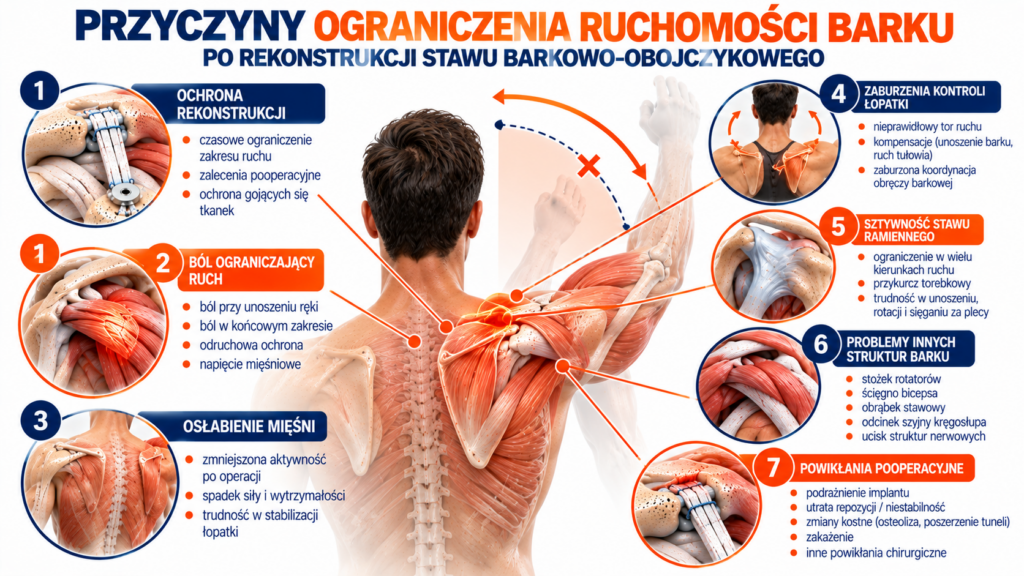 Edukacyjna ilustracja ograniczonego unoszenia ramienia po operacji barku z zaznaczeniem łopatki, stawu ramiennego i okolicy stawu barkowo-obojczykowego.