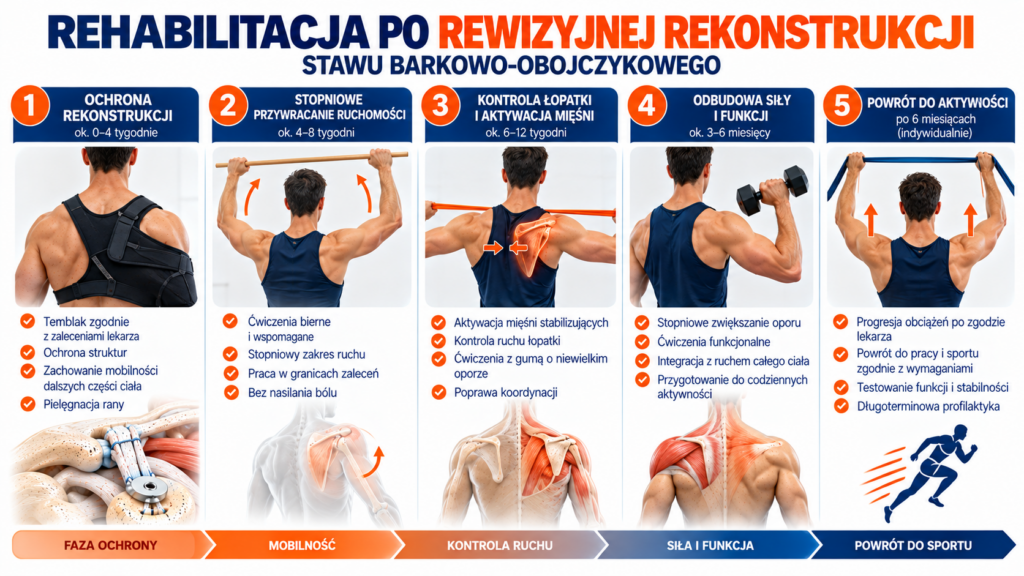 Stopniowa rehabilitacja barku po rewizyjnej rekonstrukcji stawu AC obejmująca kontrolę łopatki i progresję obciążeń zgodnie z zaleceniami. Generuj grafikę nr 3
