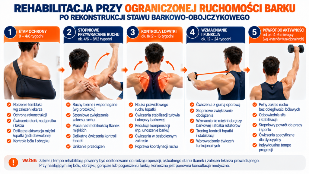 Fizjoterapeuta oceniający zakres ruchu i kontrolę łopatki u pacjenta po rekonstrukcji stawu barkowo-obojczykowego, z uwzględnieniem ochrony operowanych tkanek.
