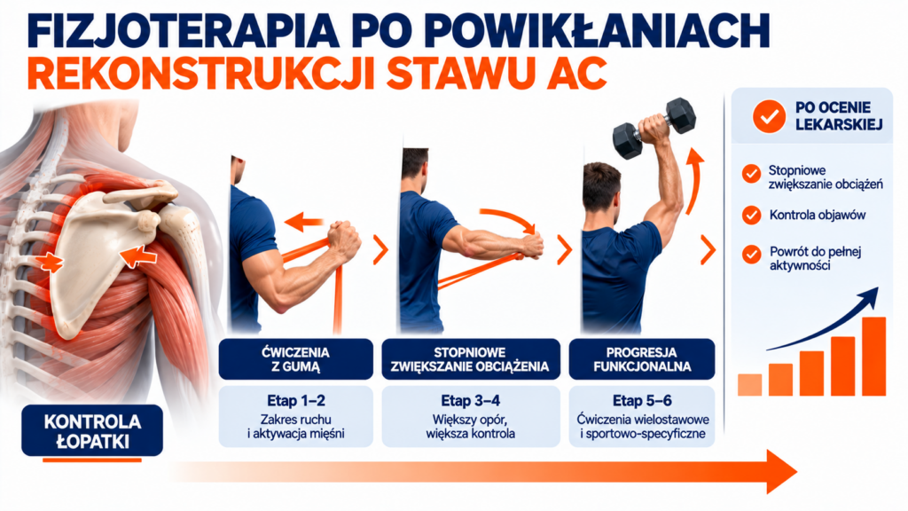Stopniowa rehabilitacja barku po rekonstrukcji stawu barkowo-obojczykowego z naciskiem na kontrolę łopatki i bezpieczną progresję obciążeń.
Generuj grafikę nr 3