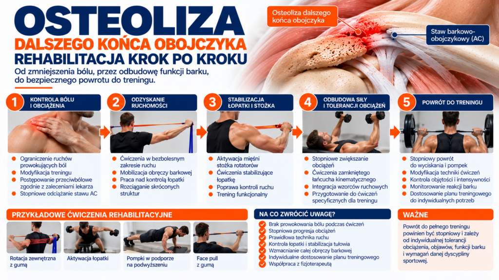 Rehabilitacja osteolizy dalszego końca obojczyka – kontrola bólu, ćwiczenia, odbudowa siły i powrót do treningu